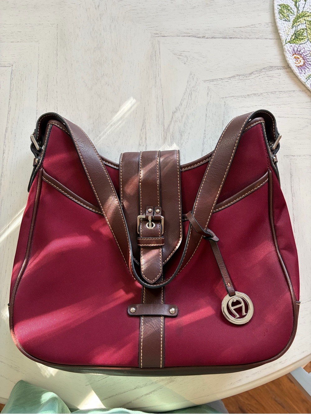 Etienne Aigner Burgundy Shoulder Bag with Brown Trim